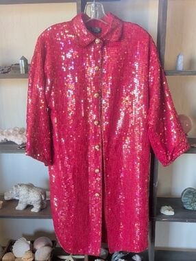 Vintage Silk Lining Sequined Red Button-Front Coat
